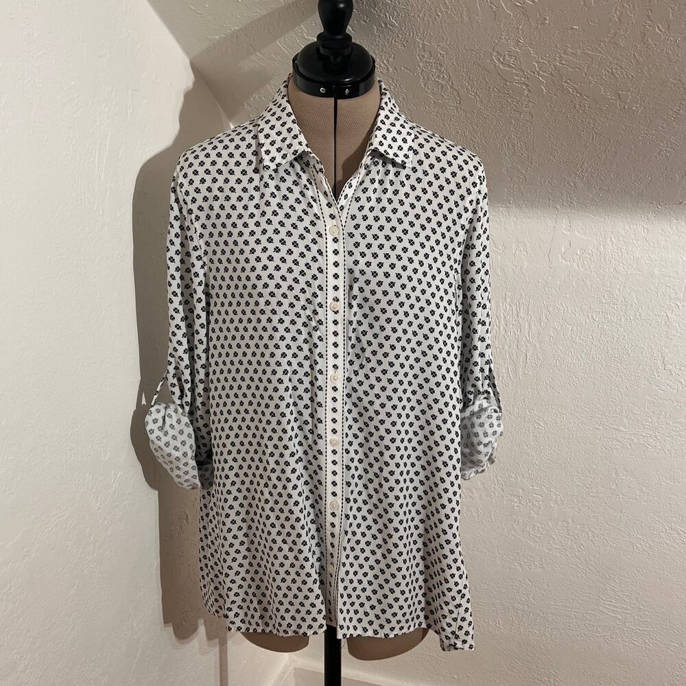 Saint Patrick's Clover Print Button Down Blouse Roll Tab Sleeve Chic | Size L